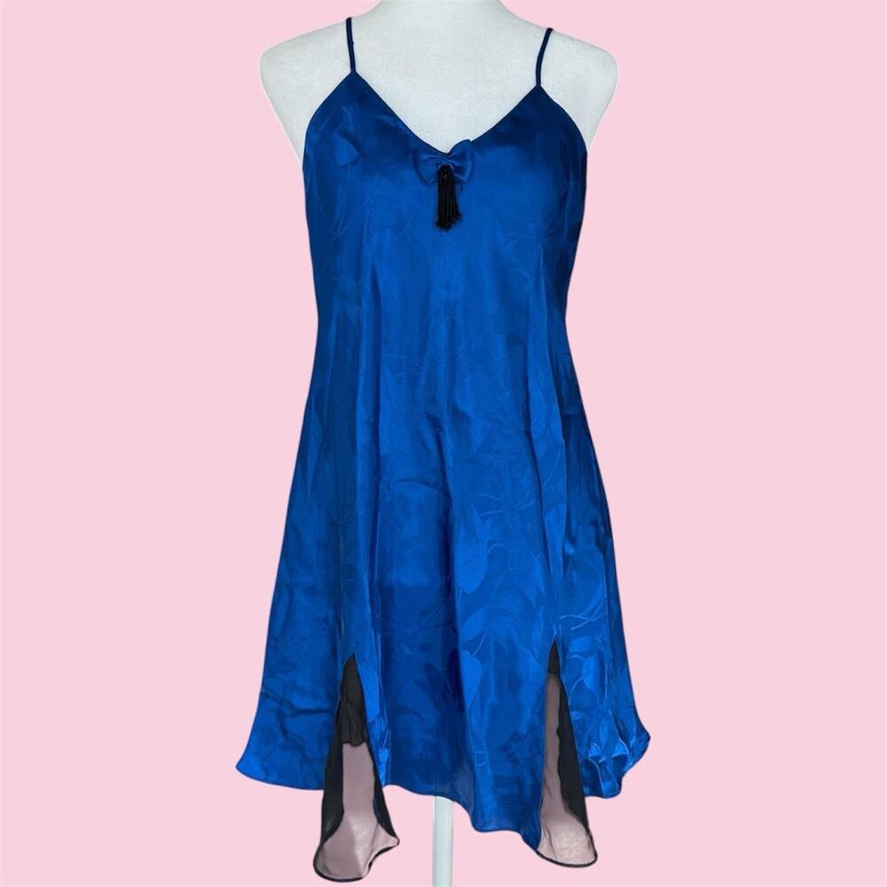 Vintage gold label Victoria's Secret blue satin slip dress with tassel detail